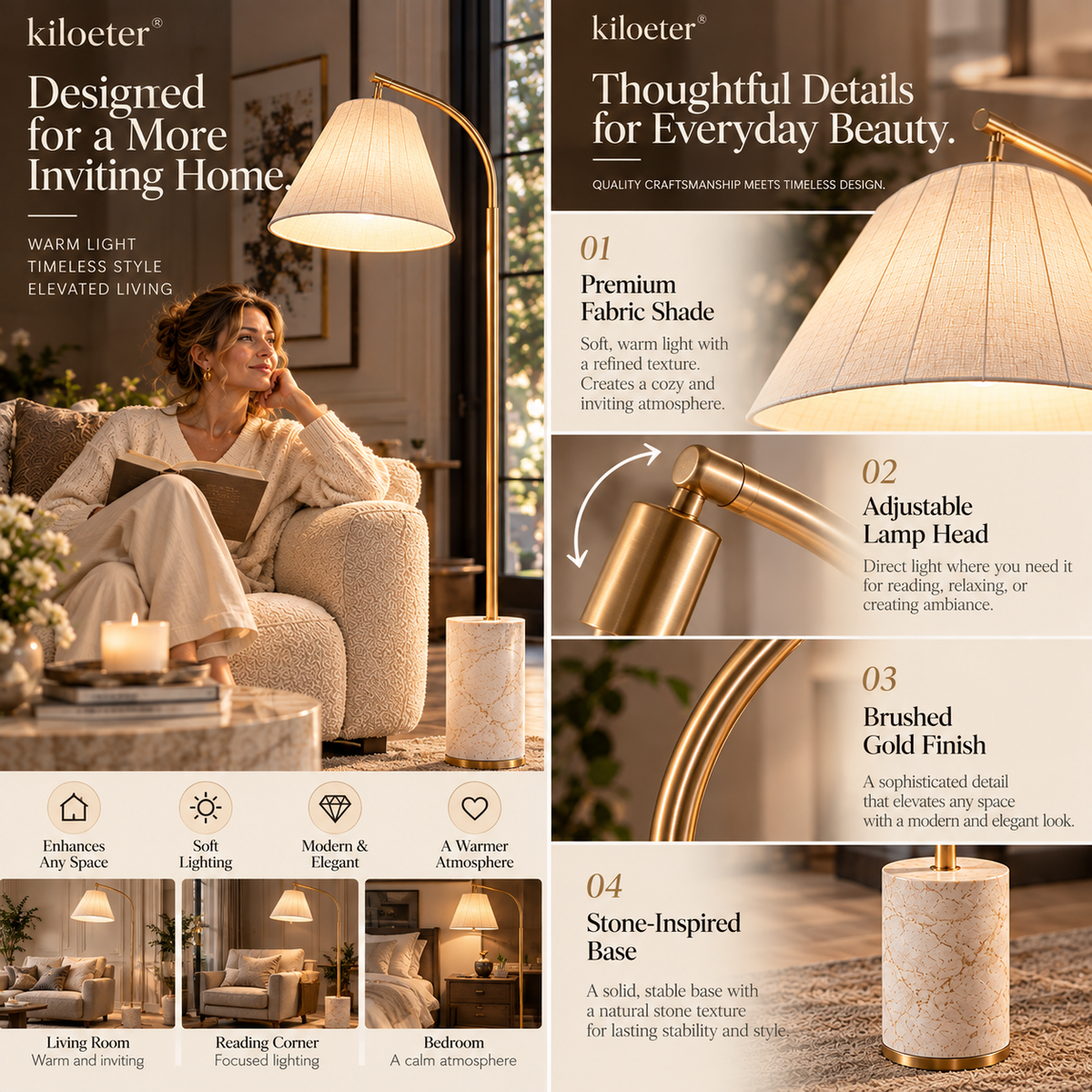 kiloeter® Sculpted Reading Floor Lamp – Warm Light, Refined Comfort