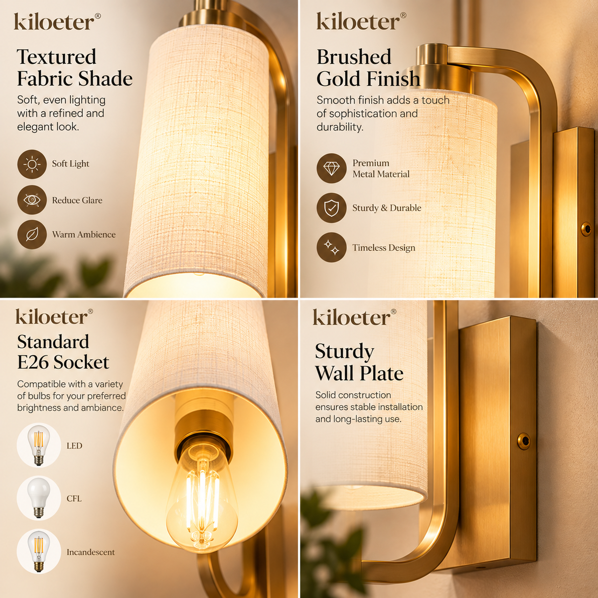 kiloeter® Linen Glow Wall Sconce – Soft Light, Timeless Elegance