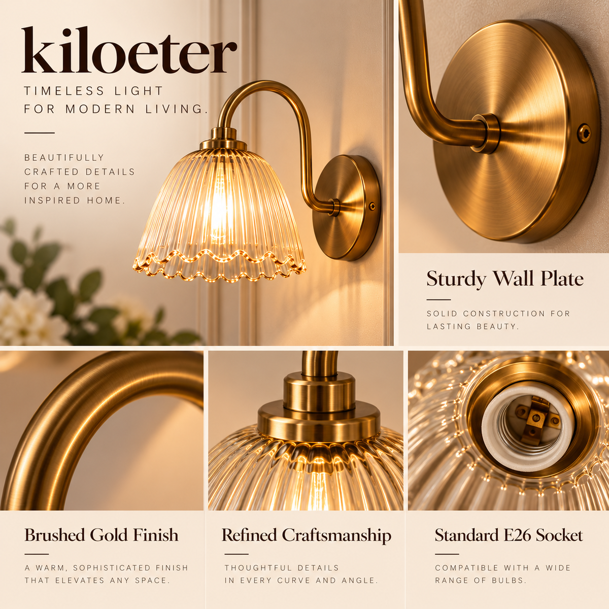 kiloeter® Fluted Glass Wall Sconce – Warm Glow, Timeless Charm