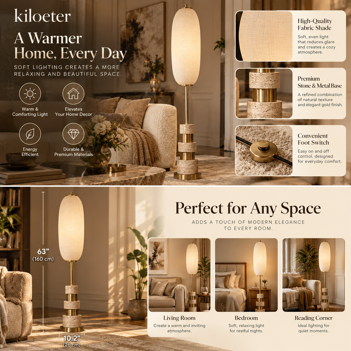 kiloeter® Sculptural Floor Lamp – Warm Light, Timeless Style