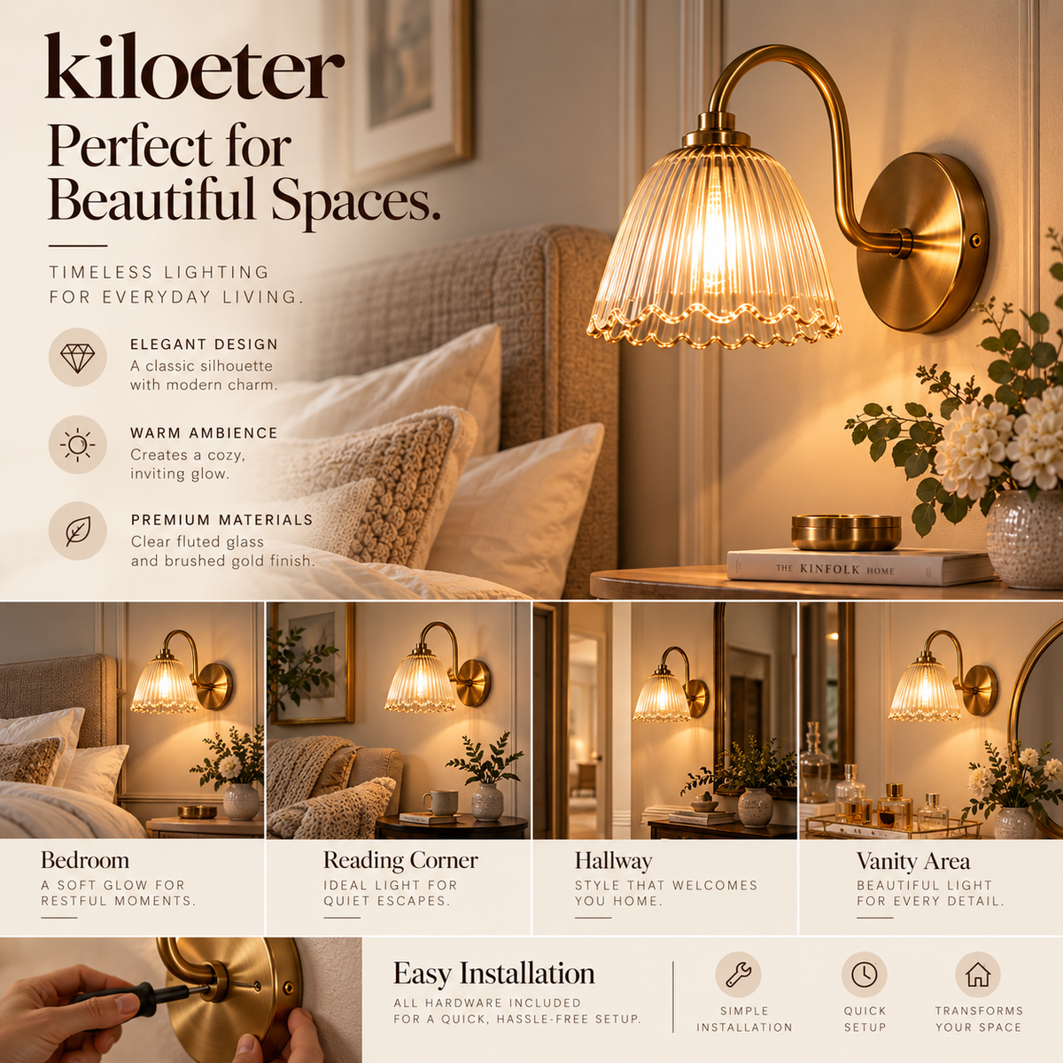 kiloeter® Fluted Glass Wall Sconce – Warm Glow, Timeless Charm