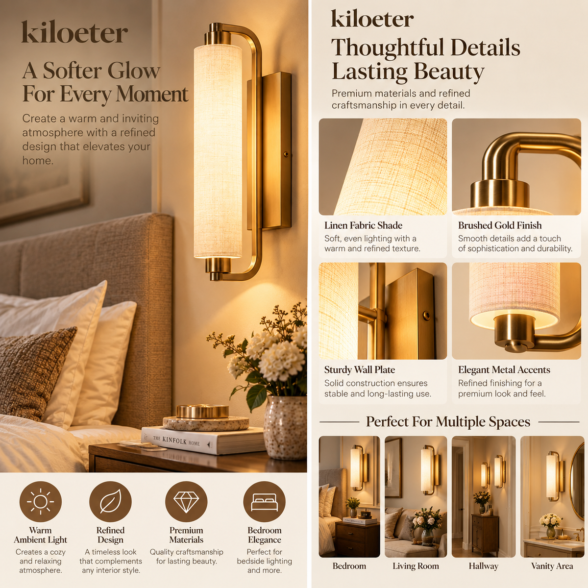 kiloeter® Linen Glow Wall Sconce – Soft Light, Timeless Elegance
