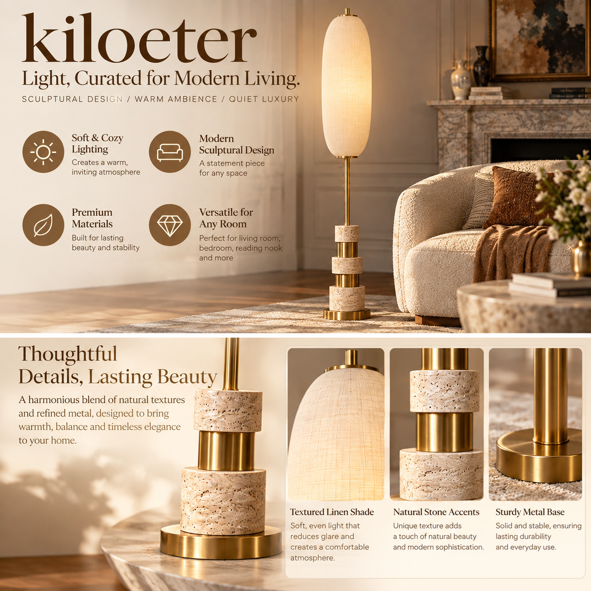 kiloeter® Sculptural Floor Lamp – Warm Light, Timeless Style